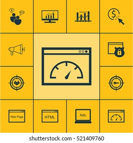 Set Of 12 Advertising Icons. Can Be Used For Web, Mobile, UI And Infographic Design. Includes Elements Such As Audience, Focus, Protected And More.