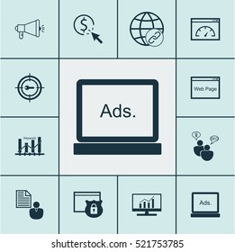 Set Of 12 Advertising Icons. Can Be Used For Web, Mobile, UI And Infographic Design. Includes Elements Such As Page, Dynamics, Click And More.