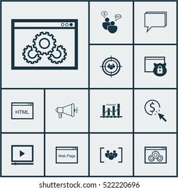 Set Of 12 Advertising Icons. Can Be Used For Web, Mobile, UI And Infographic Design. Includes Elements Such As Website, Marketing, Security And More.