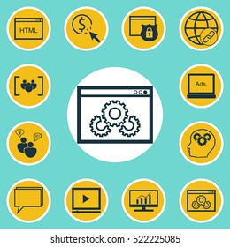 Set Of 12 Advertising Icons. Can Be Used For Web, Mobile, UI And Infographic Design. Includes Elements Such As Creativity, Target, Video And More.