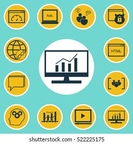Set Of 12 Advertising Icons. Can Be Used For Web, Mobile, UI And Infographic Design. Includes Elements Such As SEO, HTML, Creativity And More.