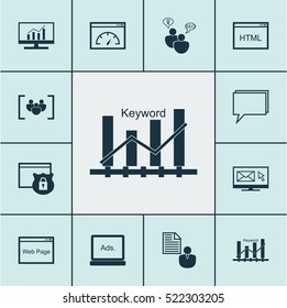 Set Of 12 Advertising Icons. Can Be Used For Web, Mobile, UI And Infographic Design. Includes Elements Such As Newsletter, Keyword, Optimization And More.