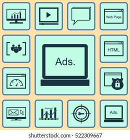 Set Of 12 Advertising Icons. Can Be Used For Web, Mobile, UI And Infographic Design. Includes Elements Such As HTML, Email, Keyword And More.