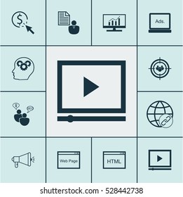 Set Of 12 Advertising Icons. Can Be Used For Web, Mobile, UI And Infographic Design. Includes Elements Such As Coding, Focus Group, PPC And More.