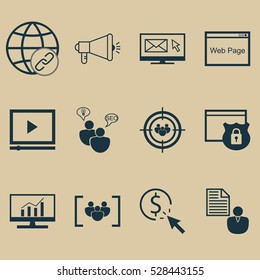 Set Of 12 Advertising Icons. Can Be Used For Web, Mobile, UI And Infographic Design. Includes Elements Such As Report, Connectivity, Newsletter And More.