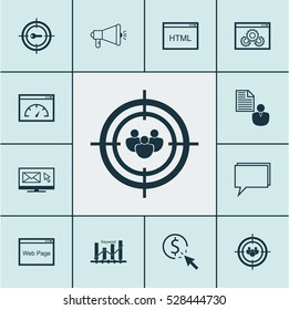 Set Of 12 Advertising Icons. Can Be Used For Web, Mobile, UI And Infographic Design. Includes Elements Such As Coding, Newsletter, Loading Speed And More.