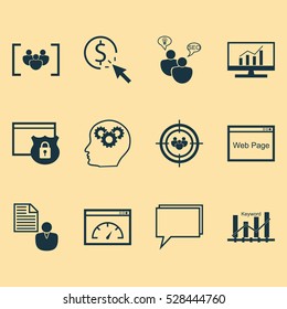 Set Of 12 Advertising Icons. Can Be Used For Web, Mobile, UI And Infographic Design. Includes Elements Such As Search Optimization, Conference, Focus Group And More.