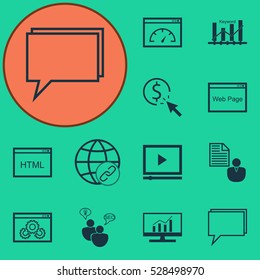 Set Of 12 Advertising Icons. Can Be Used For Web, Mobile, UI And Infographic Design. Includes Elements Such As Search Optimization, Video Player, Market Research And More.