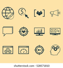 Set Of 12 Advertising Icons. Can Be Used For Web, Mobile, UI And Infographic Design. Includes Elements Such As Newsletter, Media Campaign, Connectivity And More.
