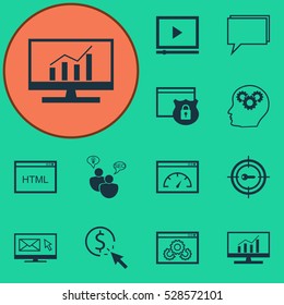 Set Of 12 Advertising Icons. Can Be Used For Web, Mobile, UI And Infographic Design. Includes Elements Such As Security, Market Research, Conference And More.