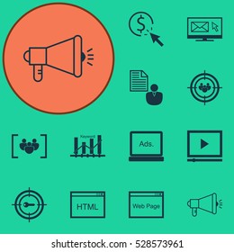 Set Of 12 Advertising Icons. Can Be Used For Web, Mobile, UI And Infographic Design. Includes Elements Such As Report, PPC, Keyword Marketing And More.