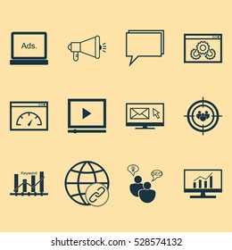 Set Of 12 Advertising Icons. Can Be Used For Web, Mobile, UI And Infographic Design. Includes Elements Such As Search Optimization, Video Player, Connectivity And More.