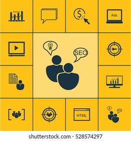 Set Of 12 Advertising Icons. Can Be Used For Web, Mobile, UI And Infographic Design. Includes Elements Such As Conference, Focus Group, Coding And More.