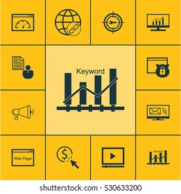 Set Of 12 Advertising Icons. Can Be Used For Web, Mobile, UI And Infographic Design. Includes Elements Such As Market Research, Security, Video Player And More.
