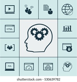 Set Of 12 Advertising Icons. Can Be Used For Web, Mobile, UI And Infographic Design. Includes Elements Such As Digital Media, Keyword Optimisation, Video Player And More.