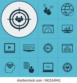 Set Of 12 Advertising Icons. Includes Market Research, Loading Speed, Focus Group And Other Symbols. Beautiful Design Elements.