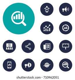 Set Of 12 Advertising Icons Set.Collection Of Auditorium, Statistics, Journal And Other Elements.