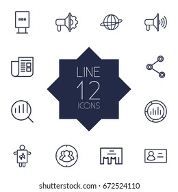 Set Of 12 Advertising Outline Icons Set.Collection Of Business Card, Direct Message, Social Media Ads And Other Elements.