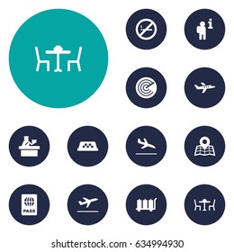 Set Of 12 Aircraft Icons Set.Collection Of Aircraft, Restaurant, Cab And Other Elements.