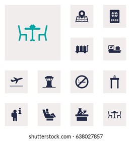 Set Of 12 Aircraft Icons Set.Collection Of Air Traffic Controller, Location, Leaving And Other Elements.