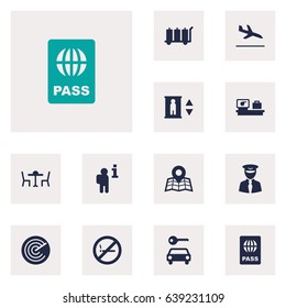 Set Of 12 Aircraft Icons Set.Collection Of Passport, Radiolocator, Aviator And Other Elements.