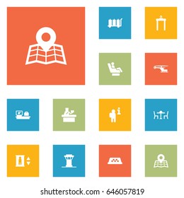 Set Of 12 Aircraft Icons Set.Collection Of Lift, Metal Detector, Luggage Check And Other Elements.