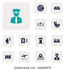 Set Of 12 Aircraft Icons Set.Collection Of Luggage Check, Lift, Restaurant And Other Elements.