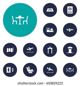 Set Of 12 Aircraft Icons Set.Collection Of Metal Detector, Letdown, Air Traffic Controller And Other Elements.