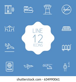 Set Of 12 Aircraft Outline Icons Set.Collection Of Certification, No Smoking, Data And Other Elements.