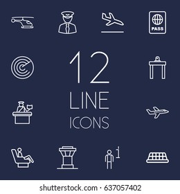 Set Of 12 Aircraft Outline Icons Set.Collection Of Data, Detection, Taxi And Other Elements.