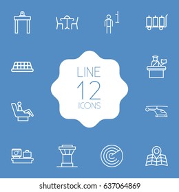 Set Of 12 Aircraft Outline Icons Set.Collection Of Control Tower, Cafe, Luggage Check And Other Elements.