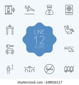 Set Of 12 Aircraft Outline Icons Set.Collection Of Data, Helicopter, Airport Security And Other Elements.