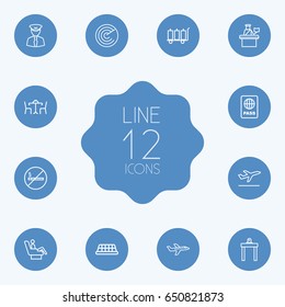 Set Of 12 Aircraft Outline Icons Set.Collection Of Luggage Trolley, Detection, Passport Controller And Other Elements.