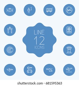 Set Of 12 Aircraft Outline Icons Set.Collection Of Control Tower, Certification, Data And Other Elements.