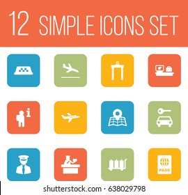 Set Of 12 Airplane Icons Set.Collection Of Passport, Security, Aviator And Other Elements.