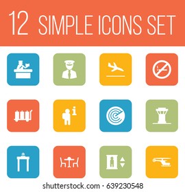 Set Of 12 Airplane Icons Set.Collection Of Letdown, Carriage, Lift And Other Elements.