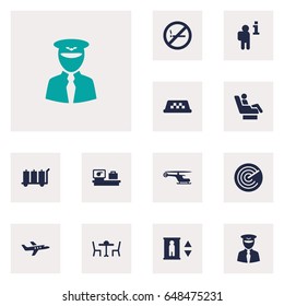 Set Of 12 Airplane Icons Set.Collection Of Radiolocator, Cab, Chopper And Other Elements.