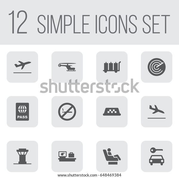 Set Of 12 Airplane Icons\
Set.Collection Of Chopper, Letdown, Passport And Other\
Elements.