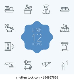 Set Of 12 Airplane Outline Icons Set.Collection Of Flight, Car Rent, Passport Controller And Other Elements.