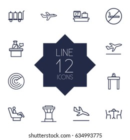 Set Of 12 Airplane Outline Icons Set.Collection Of Control Tower, Cafe, No Smoking And Other Elements.