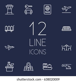 Set Of 12 Airplane Outline Icons Set.Collection Of Plane, Passport Controller, Map And Other Elements.