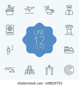 Set Of 12 Airplane Outline Icons Set.Collection Of Detection, Certification, Map And Other Elements.