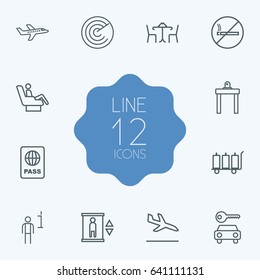 Set Of 12 Airplane Outline Icons Set.Collection Of Luggage Trolley, Sit, Detection And Other Elements.