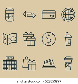 Set Of 12 Airport Icons. Can Be Used For Web, Mobile, UI And Infographic Design. Includes Elements Such As Exchange, Around, Building And More.