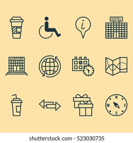 Set Of 12 Airport Icons. Can Be Used For Web, Mobile, UI And Infographic Design. Includes Elements Such As World, Date, Compass And More.