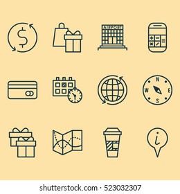 Set Of 12 Airport Icons. Can Be Used For Web, Mobile, UI And Infographic Design. Includes Elements Such As Present, Map, Airport And More.
