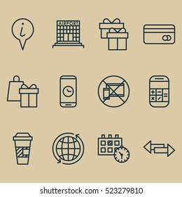 Set Of 12 Airport Icons. Can Be Used For Web, Mobile, UI And Infographic Design. Includes Elements Such As Calendar, Calculator, Time And More.