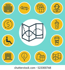 Set Of 12 Airport Icons. Can Be Used For Web, Mobile, UI And Infographic Design. Includes Elements Such As Takeaway, Gift, Drink And More.