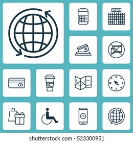 Set Of 12 Airport Icons. Can Be Used For Web, Mobile, UI And Infographic Design. Includes Elements Such As Globe, Takeaway, Map And More.