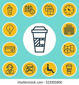 Set Of 12 Airport Icons. Can Be Used For Web, Mobile, UI And Infographic Design. Includes Elements Such As Drink, Takeaway, Cup And More.